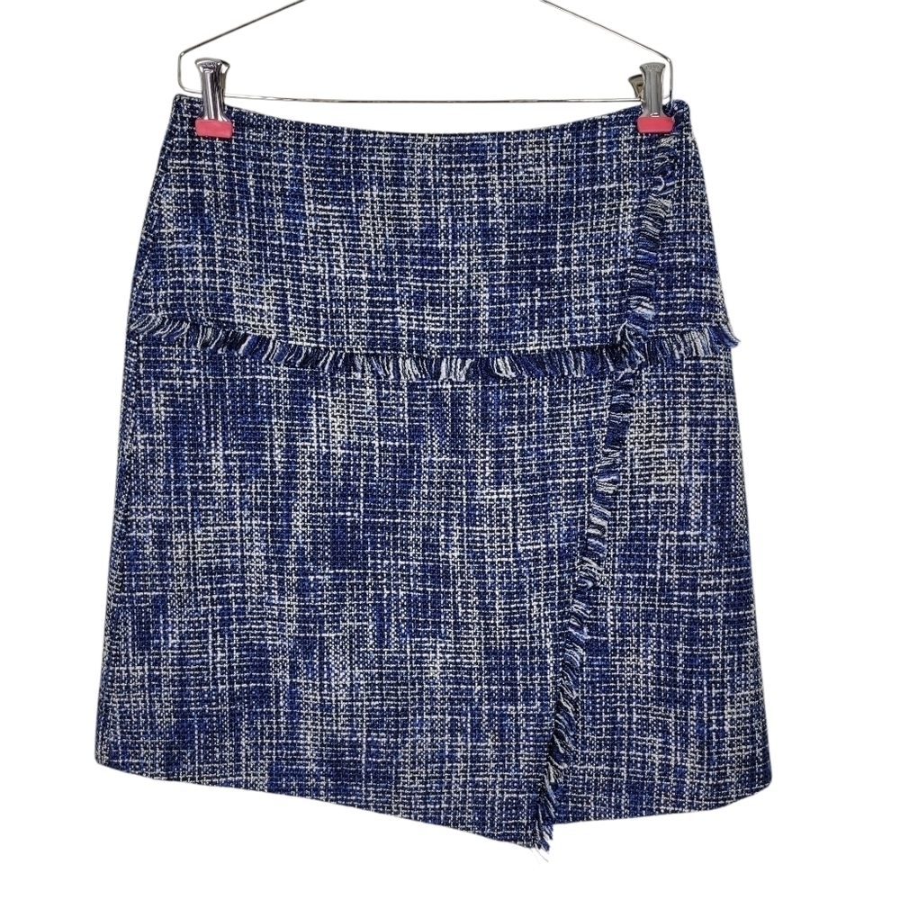 Halogen Tweed A Line Skirt Size 6 Blue Navy White Fringe Trim Side Zip Lined - Picture 2 of 9